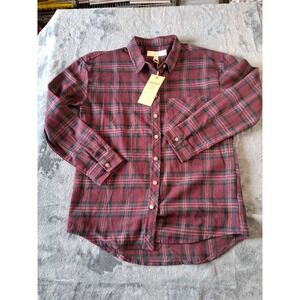 Thread & Supply Plaid Flannel Button Down Shirt Burgundy Green Mens XS New